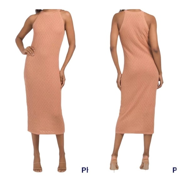 NWT HOUSE OF HARLOW 1960 Revolve Tan Crochet High Neck Bodycon Midi Dress Large - Picture 1 of 8